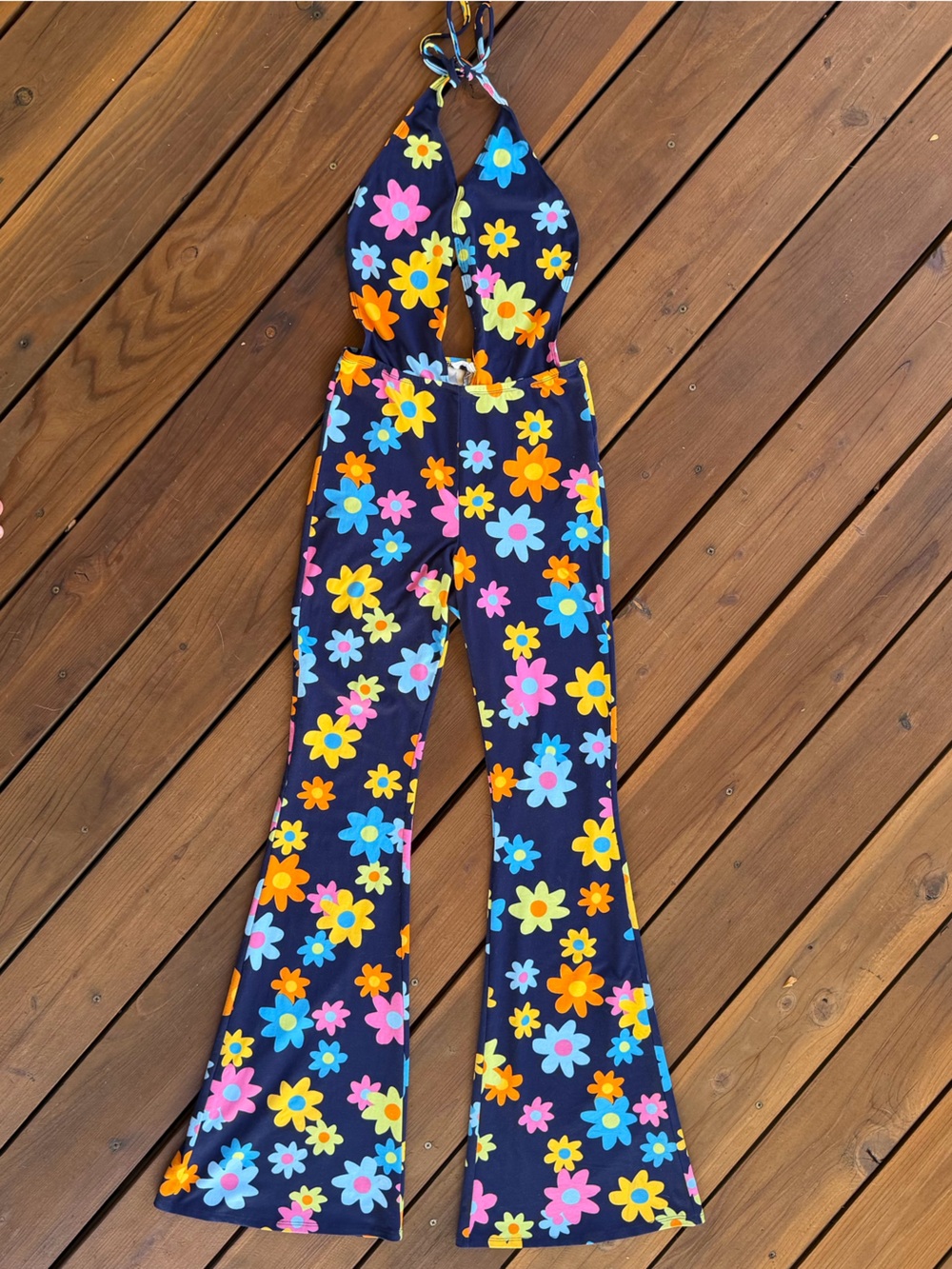 Bear Dance 70s Retro Floral Halter Bell Bottom Flare Jumpsuit Open Back Small